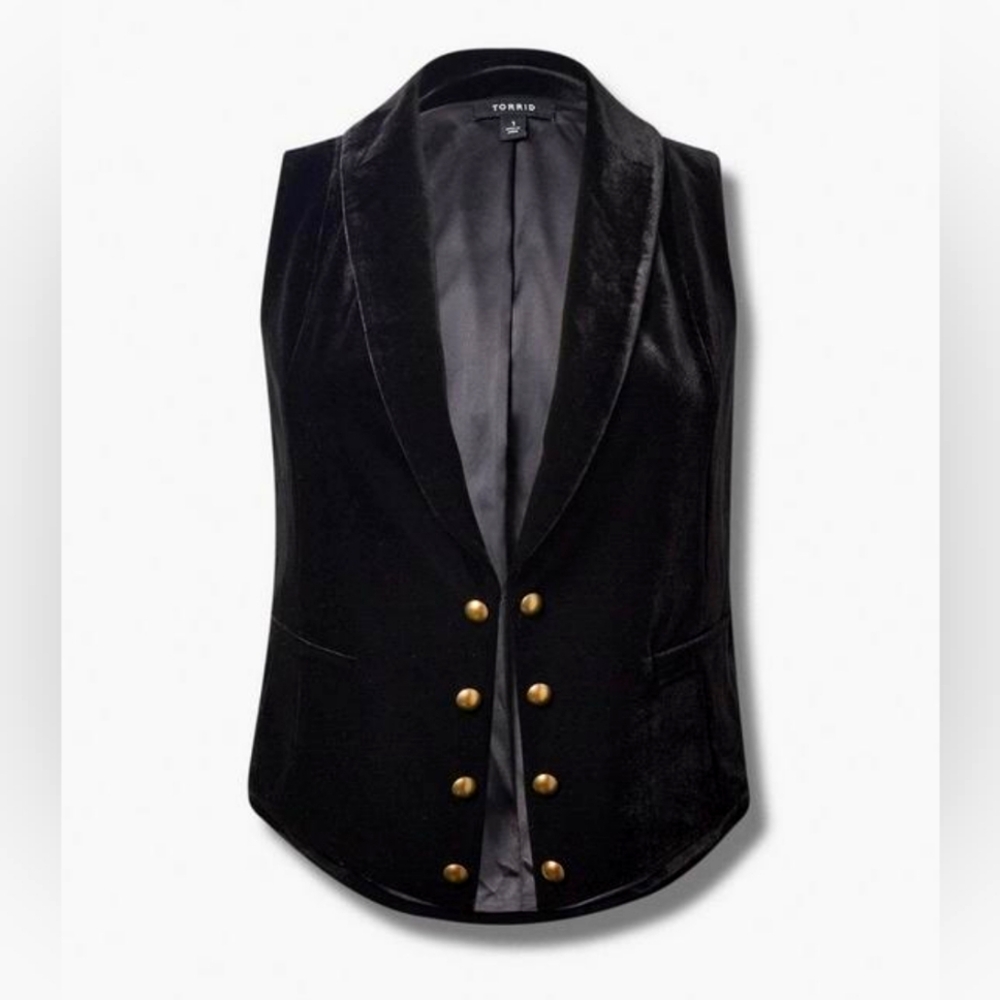 Torrid Black Sleeveless Velvet Glam Stretchy Gold Single Button Vest 4X 26 NWT